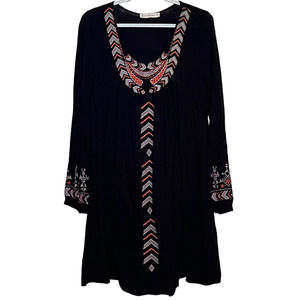 Simi Sue Women's Black Embroidered Orange Cream Long Sleeve Dress‎ Size M